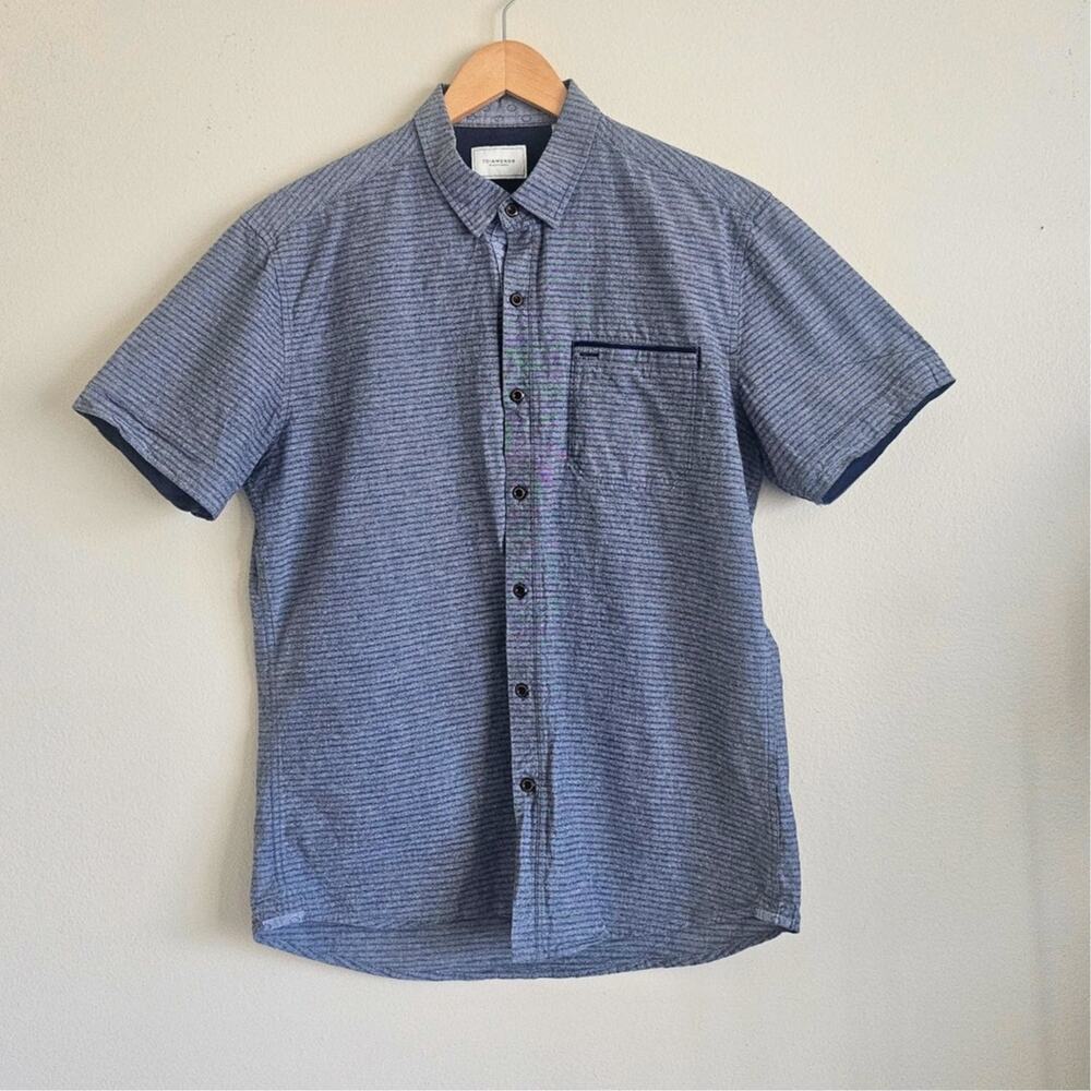 7 Diamonds Blue Gray Stripe Shirt Cotton Short Sleeve Button Up Size L Modern